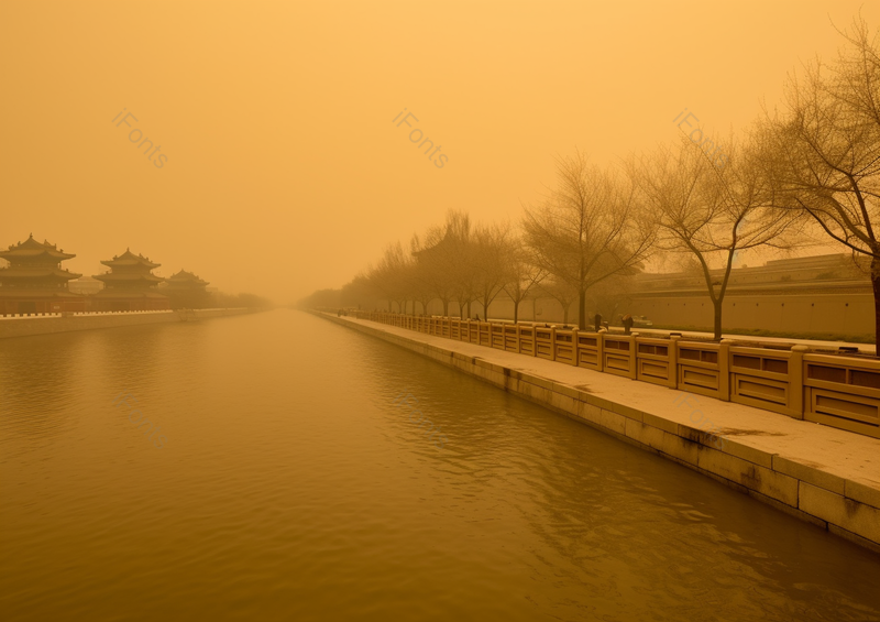 岸边的树木和沙尘下的护城河高清特写摄影图,高清,摄影图,摄影图片,图片大全,摄影图免费下载